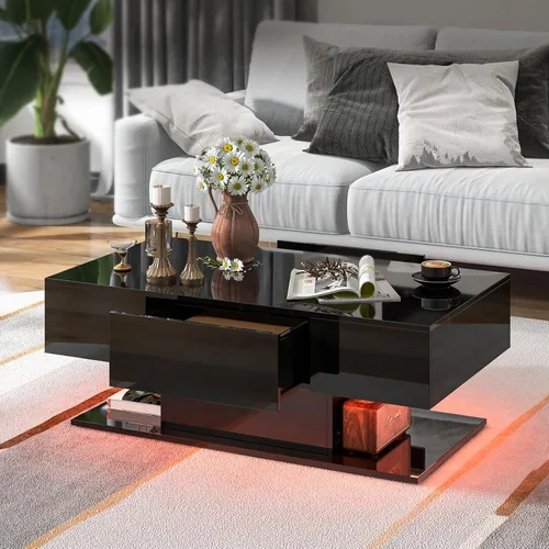 Vista 8 de Tangkula Mesa de centro LED con 2 cajones, mesa central moderna de alto brillo, luces LED regulables de 20 colores y control remoto, mesa auxiliar