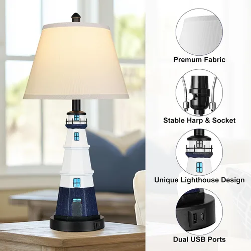 Vista 4 de WIHTU Juego de 2 lámparas de mesa modernas de faro, lámpara de mesa náutica blanca y azul marino, luces de lectura de resina de estilo náutico
