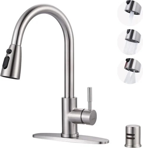 Vista 16 de WOWOW Grifo de cocina con rociador, grifo de fregadero de cocina, acero inoxidable SUS 304, grifo de cocina de níquel cepillado de arco alto