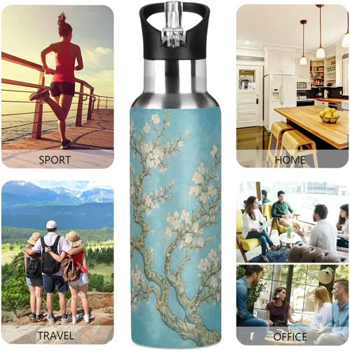 Vista 5 de ALAZA Botella de agua con diseño de flor de almendra con tapa de pajilla, botella térmica de acero inoxidable aislada al vacío, botella de agua