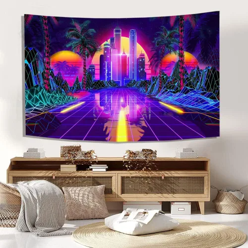 Vista 5 de TPMDFC Tapiz punk urbano con luz negra, reactivo a los rayos UV, decoración futurista japonesa de ciudad futurista, tamaño pequeño, 40 pulgadas, 30