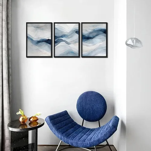 Vista 9 de Arte de pared enmarcado 3D texturizado azul abstracto, pinturas modernas de decoración de pared azul marino abstracto, pósters de textura