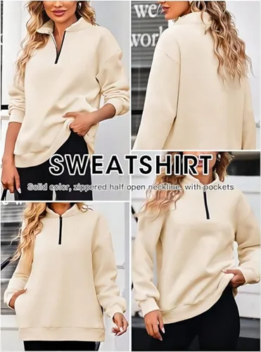 Vista 4 de BLENCOT Sudaderas acolchadas con media cremallera para mujer, cuello redondo, manga larga, sin botones, texturizadas, lisas, casuales, a la moda