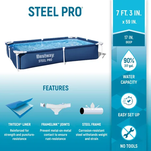 Vista 2 de Bestway Steel Pro - Piscina rectangular de 87 pulgadas x 59 pulgadas x 17 pulgadas con marco de metal sobre el suelo, para exteriores, color azul