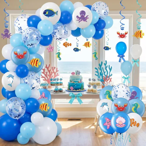 Vista 8 de Aoriher 50 globos de animales marinos para decoración de fiesta bajo el mar, fiesta de cumpleaños, globos de látex, tema oceánico para criaturas