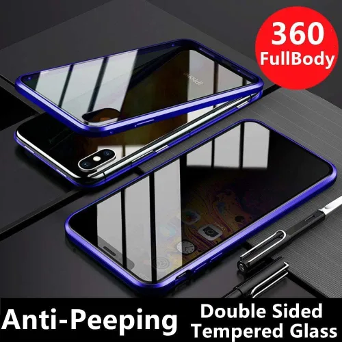 Vista 2 de Funda de privacidad y anti-reflejo 360° con cristal templado y atracción magnética de metal para iPhone XR o XS, Azul