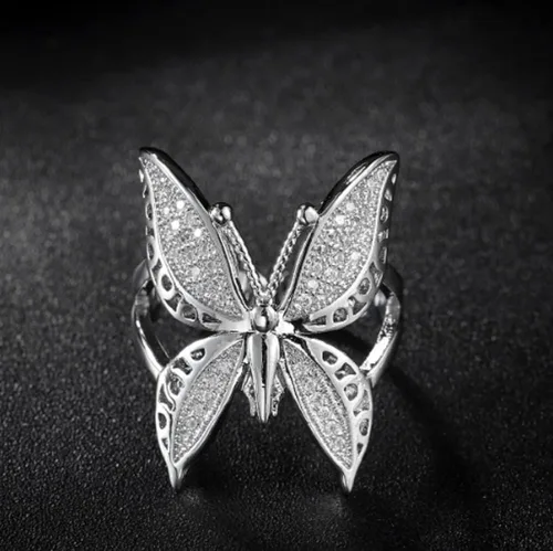 Vista 4 de Awmnjtmgpw - Anillo de compromiso de plata de ley 925 con diseño de mariposa brillante, plegable, con apertura ajustable