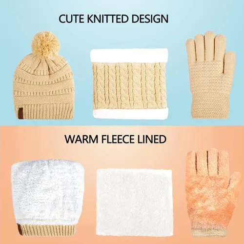 Vista 5 de Conjunto de gorro de invierno para niños, bufanda y guantes con forro polar para niñas de 1 a 5 años