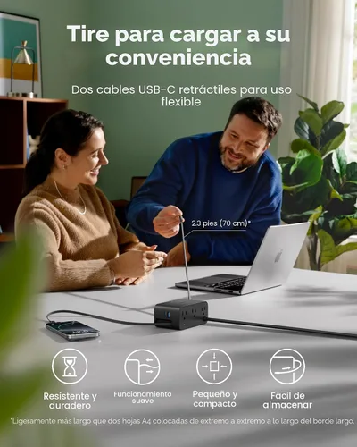 Vista 4 de Anker Estación de carga nano, tira de alimentación USB-C 7 en 1 para iPhone 16, cable retráctil Anker InstaCord de 2.3 pies, 3 USB-C, 1 USB-A, 3 AC