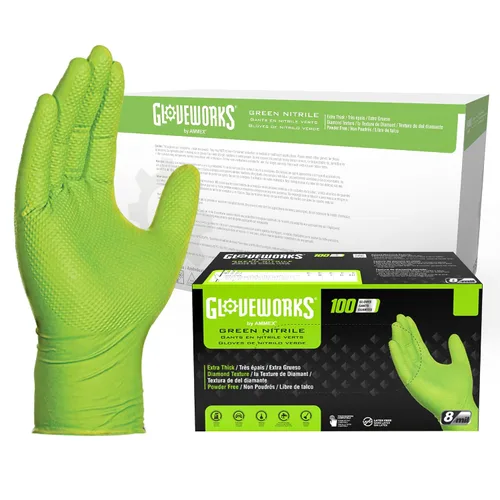 Vista 12 de GLOVEWORKS Guantes verdes HD, desechables de 8 mil, agarre de diamante elevado resistente, sin látex, guante mecánico, mediano, 2 cajas de 100