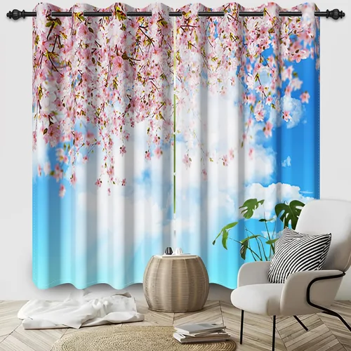 Vista 8 de Renaiss Cortinas de ventana con diseño de cerezo Fuji, tratamiento de ventana de cielo azul, flores rosas, cortinas opacas de privacidad para hombre