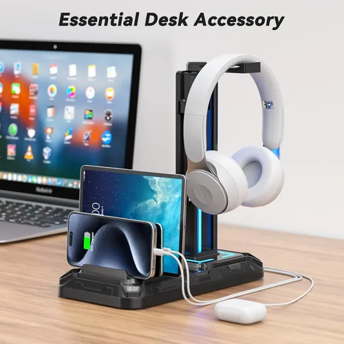 Vista 8 de KDD Headset Stand with Charging Station - Detachable Controller Holder with 9 Light Modes - Rotatable Headphone Hanger with USB A&C Charger Ports