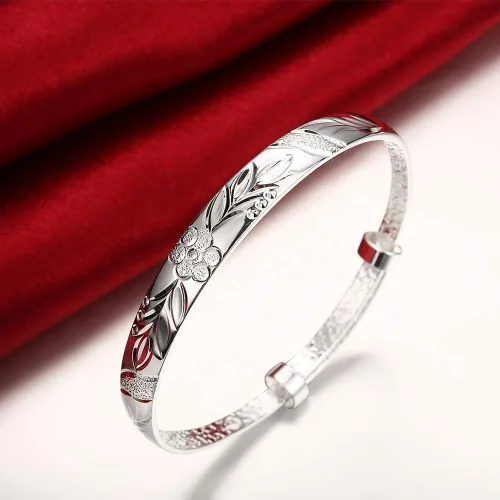 Vista 6 de Yuren Pulsera de plata de ley 925 tallada con flor de fu, 0.62 oz, peso 2.6 in, para regalo de boda