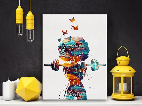 Vista 4 de Hijie Póster de acuarela de niña de fitness para decoración del hogar, dormitorio, gimnasio, lienzo para levantamiento de pesas, pintura de pared