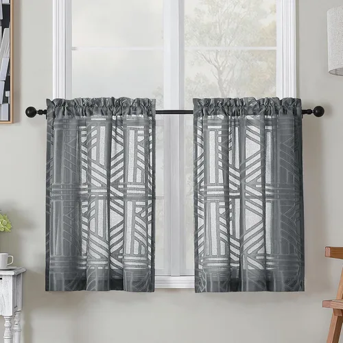 Vista 48 de Simplebrand Cortinas traslúcidas negras de cocina de 24 pulgadas de largo, 2 paneles, filtrado de luz, geométrico jacquard con textura, cortinas