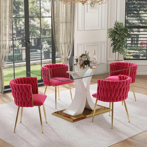 Vista 29 de Juego de comedor moderno de vidrio de lujo de 5 piezas, juego de cena rectangular minimalista grande para 4, juego de mesa de cocina de vidrio