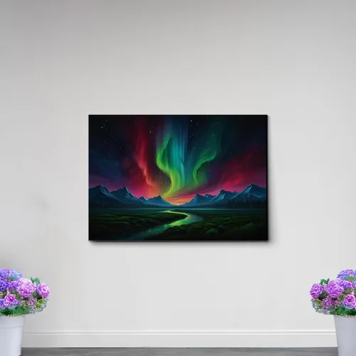 Vista 4 de Aurora Borealis, Northern Lights Art, framed canvas print, snow capped mountain landscape art, synthwave vaporwave, Home Decor, Wall
