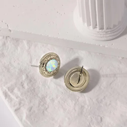 Vista 3 de Aretes de ópalo para mujer, piedras preciosas naturales, color blanco y azul, juego de joyas de ópalo ovalado, hipoalergénicos, piedra natal
