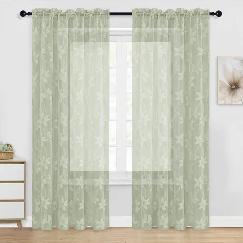 Vista 45 de DWCN Paquete de 2 cortinas traslúcidas pequeñas de encaje floral beige para cocina, cortinas traslúcidas ligeras con bolsillo para barra, cortinas