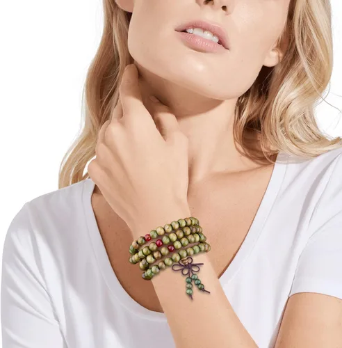 Vista 2 de PWMENLK 3 piezas para hombres y mujeres budistas 108 cuentas de mala de oración de sándalo pulsera de cuentas de madera natural de 0315in collar