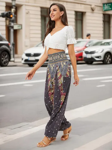 Vista 6 de QIANXIZHAN - Pantalones harén para mujer, pantalones bohemios de yoga con cintura alta y bolsillos