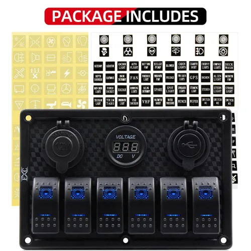 Vista 3 de Panel FXC impermeable, con ranura de doble puerto USB, fusibles de 4.2 A, visualización digital de voltaje, toma de encendedor y 4, 6 u 8 tipos