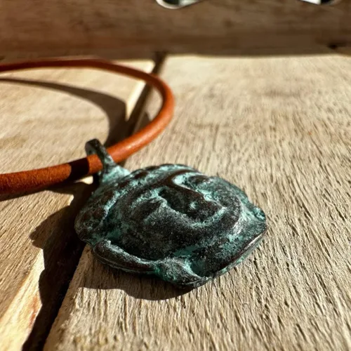 Vista 5 de Buddha Head Necklace - Buddhist, Buddhism Jewelry, Green Patina Pendant, Women Accessories, Men Gift, Antique Believes, Enlightening Charm, Good