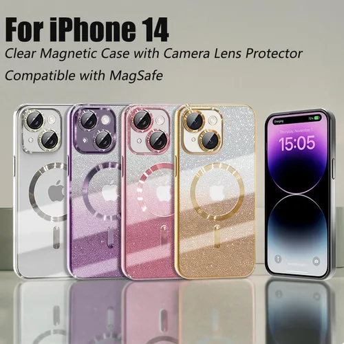 Vista 9 de Misscase Funda magnética compatible con iPhone 14 con purpurina y protector de lente de cámara, protección completa, compatible con MagSafe