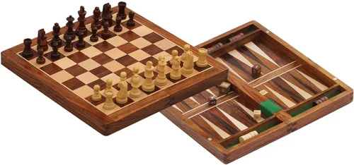 Vista 3 de Juego de mesa 2 en 1 de ajedrez y backgammon, 10.5 x 10.5 x 1 pulgadas, marrón