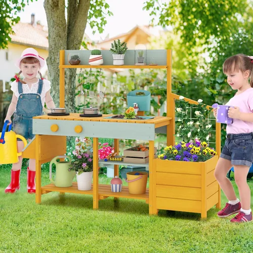 Vista 9 de Costzon Cocina de barro, banco de madera para macetas para niños con grifo extraíble, fregadero, estufas, pomos de rotación, cajas para macetas