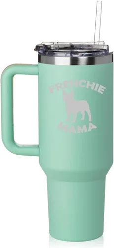 Vista 4 de Daylor Vaso de 40 onzas con asa y tapa con pajilla, taza de viaje aislada de acero inoxidable, taza de viaje Frenchie Mama French Bulldog (negro)