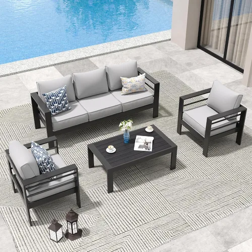 Vista 16 de Amopatio - Juego de muebles de aluminio para patio con cojines de olefina Gris oscuro/ Dorado