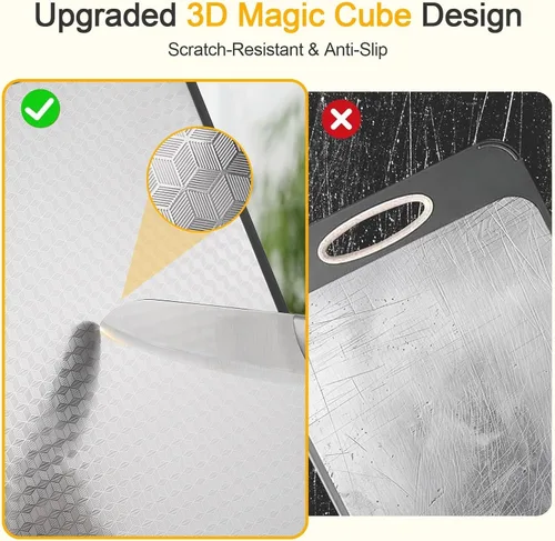 Vista 6 de Tabla de cortar de acero inoxidable, doble cara con paja de trigo PP, diseño de cubo 3D antideslizante, tabla de cortar grande de 15.75 x 11