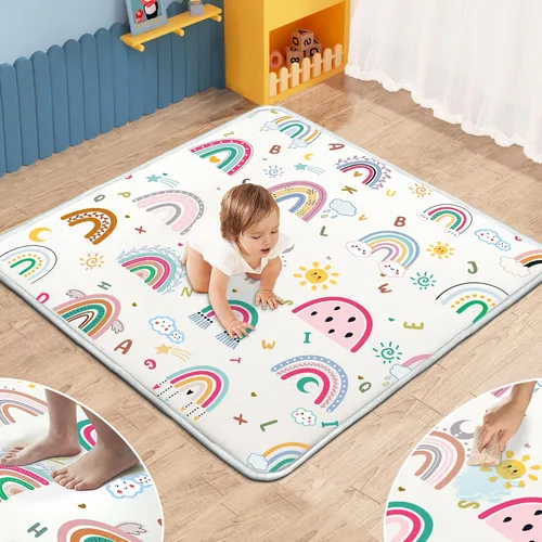 Vista 8 de Tapete de juego para bebé, tapete de espuma de 1 pulgada de grosor de 47 x 47 pulgadas, impermeable y antideslizante para jugar al bebé en el suelo