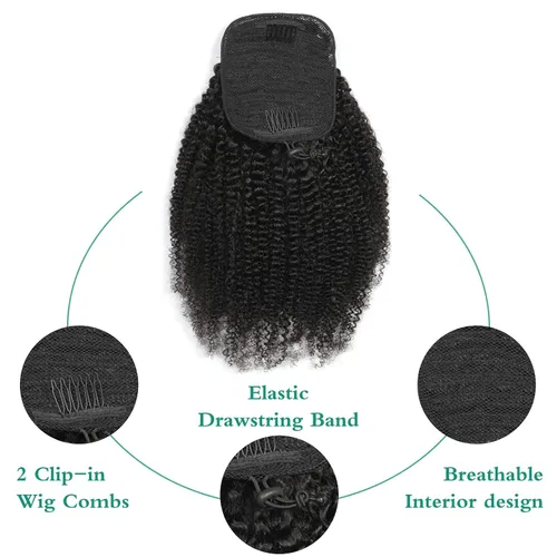 Vista 3 de Cola de Caballo con Cordón Afro Puff Cabello Humano Afro Rizado Crespo Cola de Caballo con Cordón 4C para Mujeres Negras Extensión de Cabello Humano