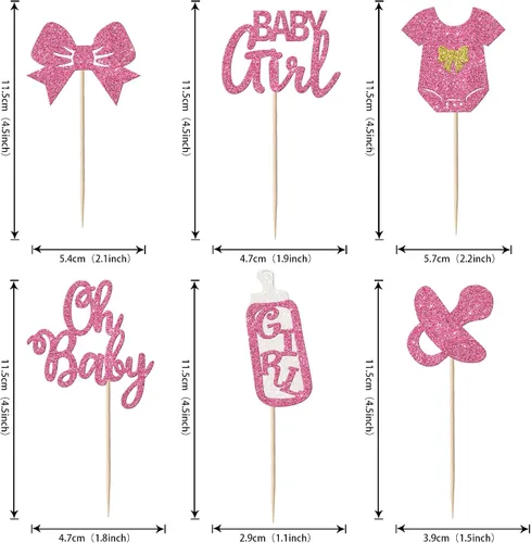 Vista 2 de Paquete de 24 adornos para cupcakes para niñas con la frase "It's a Girl" con purpurina, enterizo para chupete con lazo, revelación de género