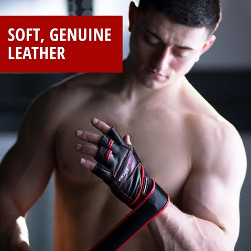 Vista 7 de Guantes de levantamiento de pesas para gimnasio, fitness, fisicoculturismo, guantes de entrenamiento cruzado de cuero Dominator Crossfit, con correa
