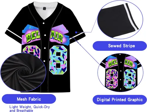 Vista 3 de Traje de los años 90 para hombre, Bel Air 88, camiseta de béisbol para hombre de los años 90, estilo urbano, fiesta, hip hop, blusas de moda