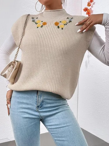 Vista 4 de Floerns Chaleco de suéter con cuello alto bordado floral para mujer