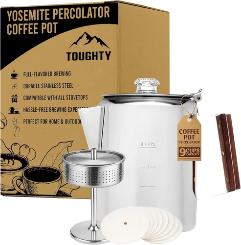 Vista 8 de Cafetera Percoladora Toughty Yosemite – Cafetera Clásica de Estufa para Acampar, Senderismo y Hogar, Olla Duradera de Acero Inoxidable, Compatible