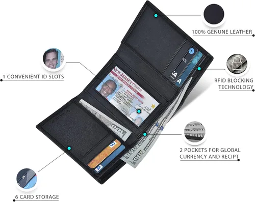 Vista 3 de Billeteras delgadas RFID para hombre - Cartera triple de cuero genuino con bolsillo frontal, Negro -, Cartera RFID