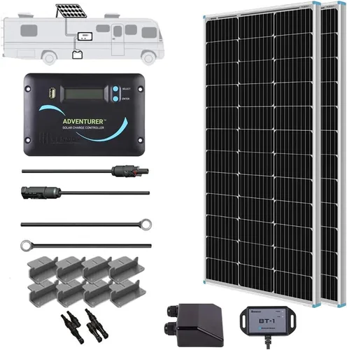 Vista 8 de Renogy - Kit básico de panel solar de 100W 12V, panel solar monocristalino de 100 vatios, controlador de carga PWM LCD de 30A, kit de adaptadores