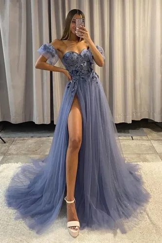 Vista 2 de Vestidos de fiesta de tul con purpurina con mangas 2023 con hombros descubiertos y flores 3D, vestidos de fiesta de noche con abertura