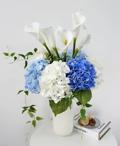 Vista 7 de JINWOE Hortensias artificiales de tacto real, 3 piezas de 21 pulgadas, flores de seda de látex real grandes, tallos largos, ramo de flores falsas