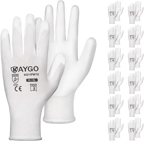 Vista 28 de KAYGO KG11PB - Guantes de trabajo de seguridad con revestimiento de poliuretano, 12 pares de guantes de punto sin costuras para hombres y mujeres