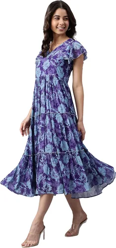 Vista 3 de Janasya Vestido occidental acampanado con estampado floral azul para mujer, Azul