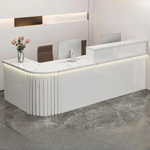 Vista 20 de LITFAD Recepción de computadora en forma de L - Escritorio de recepción de madera fabricada con gabinete, gestión de cables y bandeja para teclado