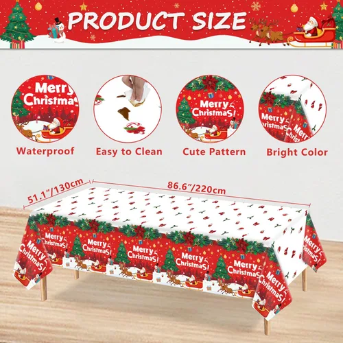 Vista 4 de Paquete de 4 manteles de Navidad para fiesta de Navidad, decoración de fiesta de Navidad, cubierta de mesa de Navidad con árbol de Navidad y copo