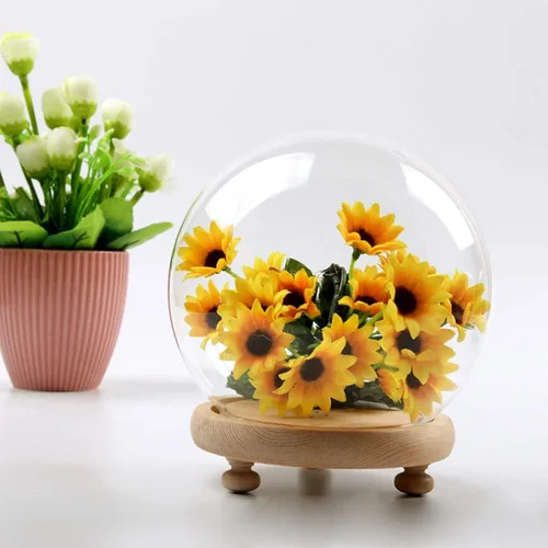 Vista 4 de Cúpula redonda de cristal Cloche Ball Jar Exhibición de mesa con base de madera Diámetro 4.7 pulgadas