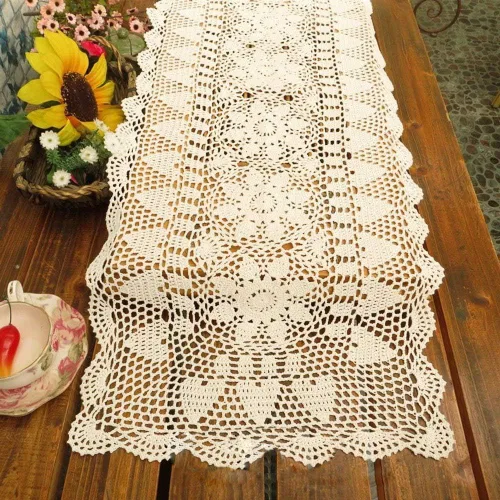 Vista 2 de KEPSWET Camino de mesa rectangular de girasol hecho a mano con encaje de ganchillo, decoración floral de boda (14 x 36 pulgadas, beige)